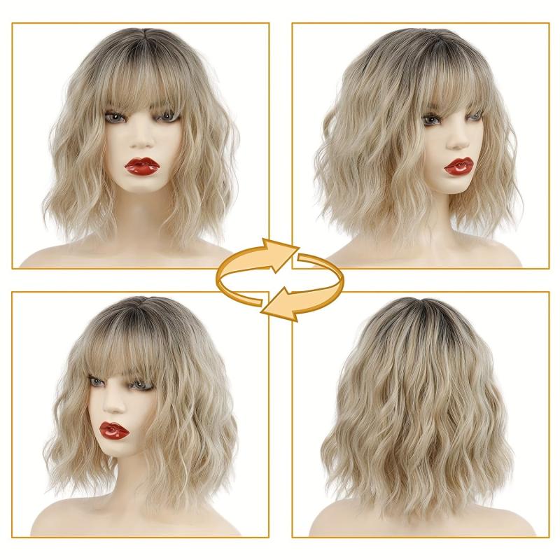 Curly Wavy Hair Wigs With Bangs Synthetic Bob Wigs for Daily Party Use 30 cm