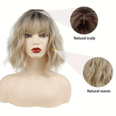 Curly Wavy Hair Wigs With Bangs Synthetic Bob Wigs for Daily Party Use 30 cm