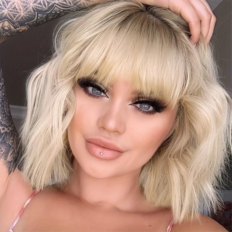 Curly Wavy Hair Wigs With Bangs Synthetic Bob Wigs for Daily Party Use 30 cm