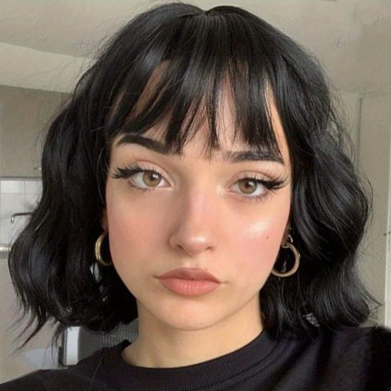 Curly Wavy Hair Wigs With Bangs Synthetic Bob Wigs for Daily Party Use 30 cm