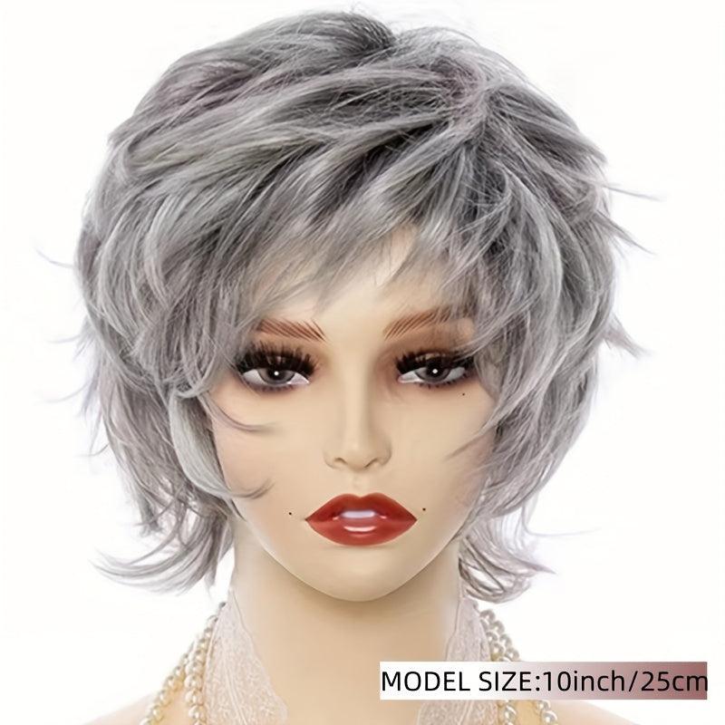 Ombre Gray Short Curly Pixie Cut Synthetic Wig With Bangs