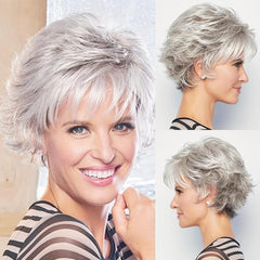 Ombre Gray Short Curly Pixie Cut Synthetic Wig With Bangs
