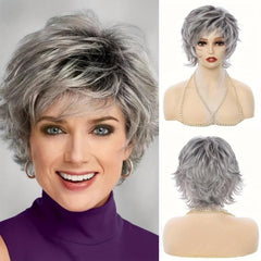 Ombre Gray Short Curly Pixie Cut Synthetic Wig With Bangs
