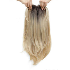 Long Curly Ombre Hair Topper with Dark Roots Heat Resistant Synthetic Wig