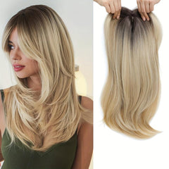 Long Curly Ombre Hair Topper with Dark Roots Heat Resistant Synthetic Wig
