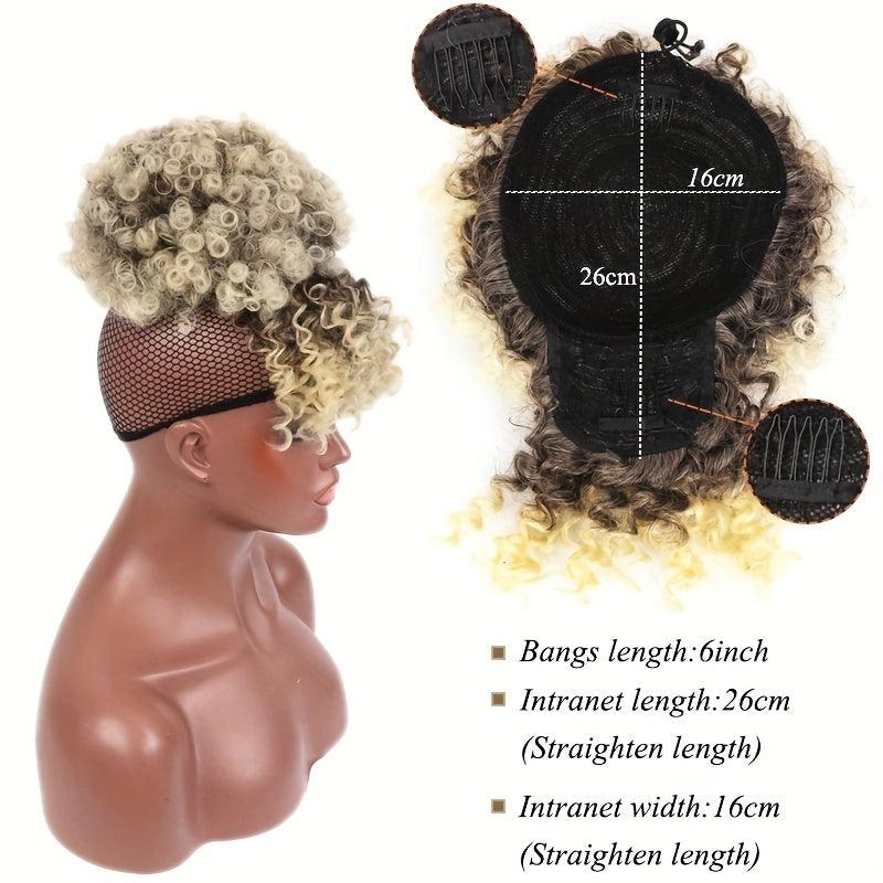 Kinky Curly Chignon with Bangs Synthetic Hair Bun Drawstring Ponytail Afro Puff