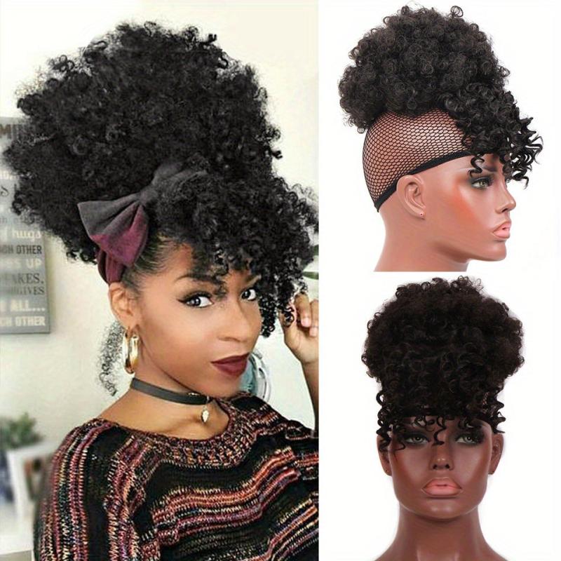 Kinky Curly Chignon with Bangs Synthetic Hair Bun Drawstring Ponytail Afro Puff
