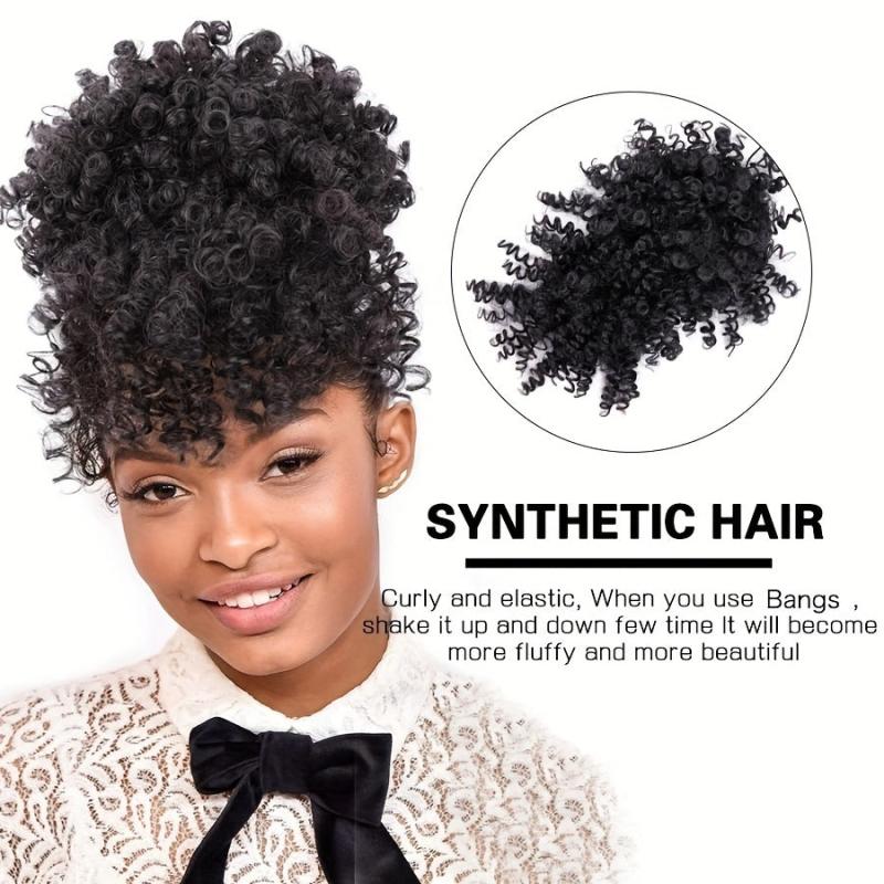 Kinky Curly Chignon with Bangs Synthetic Hair Bun Drawstring Ponytail Afro Puff