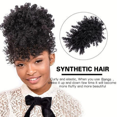 Kinky Curly Chignon with Bangs Synthetic Hair Bun Drawstring Ponytail Afro Puff