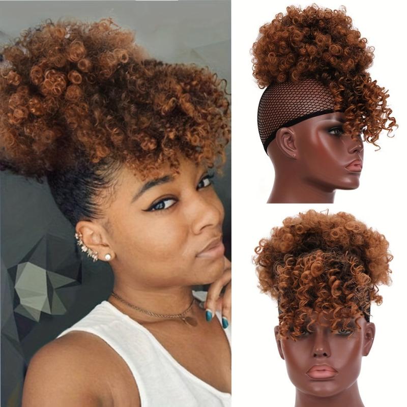 Kinky Curly Chignon with Bangs Synthetic Hair Bun Drawstring Ponytail Afro Puff