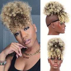 Kinky Curly Chignon with Bangs Synthetic Hair Bun Drawstring Ponytail Afro Puff