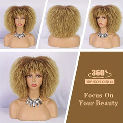 Ombre Blonde Afro Curly Wig With Bangs for Women