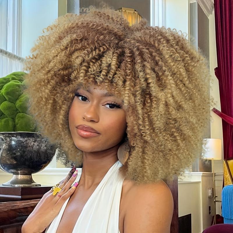 Ombre Blonde Afro Curly Wig With Bangs for Women