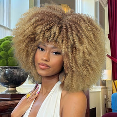Ombre Blonde Afro Curly Wig With Bangs for Women