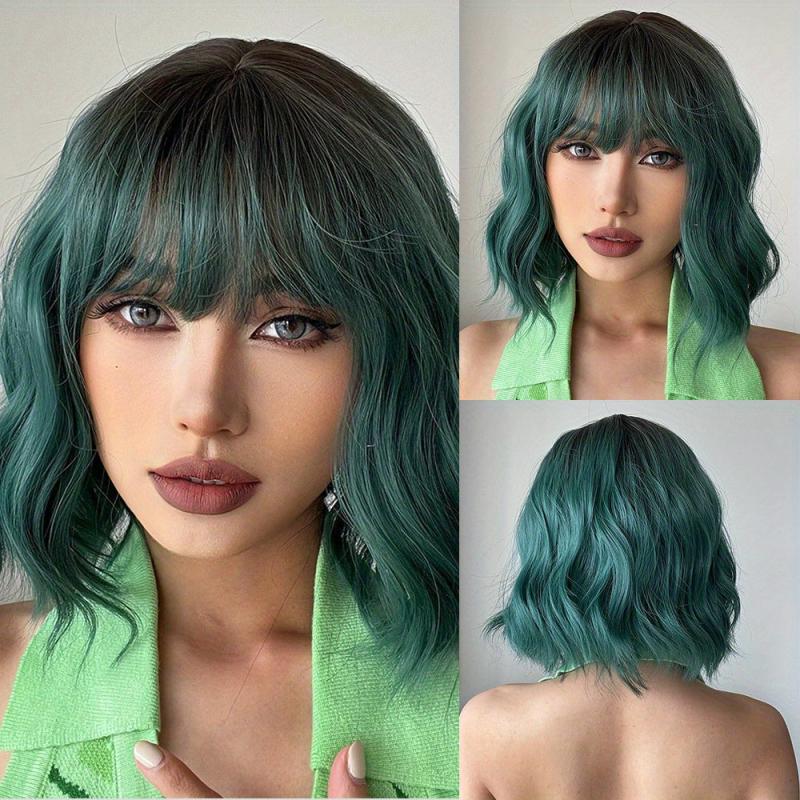 Short Wavy Curly Hair Wigs With Bangs Synthetic Fiber Hair Wigs For Women