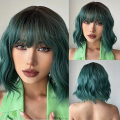 Short Wavy Curly Hair Wigs With Bangs Synthetic Fiber Hair Wigs For Women