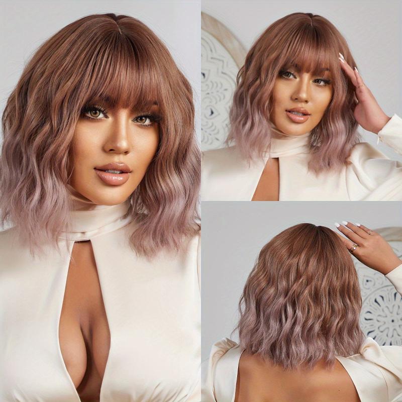 Short Wavy Curly Hair Wigs With Bangs Synthetic Fiber Hair Wigs For Women