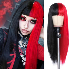 Red Half Wigs With Bangs Straight Halloween Cosplay Women Wigs
