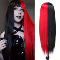 Red Half Wigs With Bangs Straight Halloween Cosplay Women Wigs