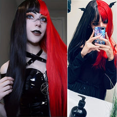 Red Half Wigs With Bangs Straight Halloween Cosplay Women Wigs