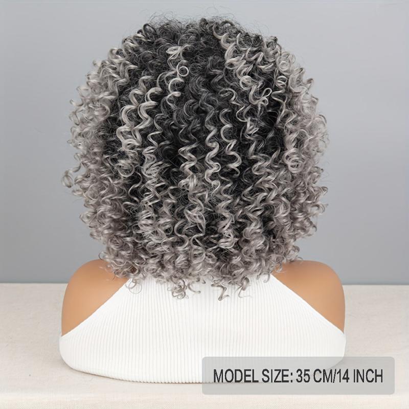Gray Afro Kinky Curly Wigs With Bangs Synthetic Fiber Hair Replacement