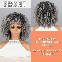Gray Afro Kinky Curly Wigs With Bangs Synthetic Fiber Hair Replacement