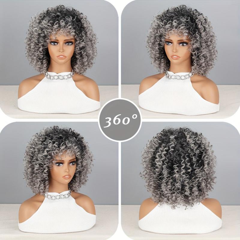 Gray Afro Kinky Curly Wigs With Bangs Synthetic Fiber Hair Replacement