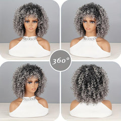 Gray Afro Kinky Curly Wigs With Bangs Synthetic Fiber Hair Replacement