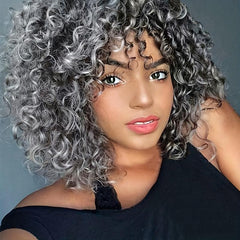 Gray Afro Kinky Curly Wigs With Bangs Synthetic Fiber Hair Replacement