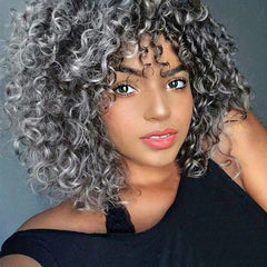 Gray Afro Kinky Curly Wigs With Bangs Synthetic Fiber Hair Replacement