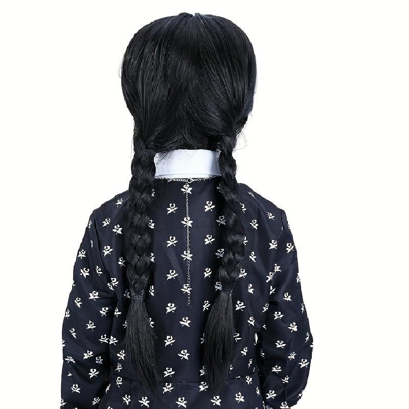 88cm Long Straight Braided Wig with Bangs Halloween Party Wednesday Wig