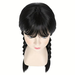 88cm Long Straight Braided Wig with Bangs Halloween Party Wednesday Wig