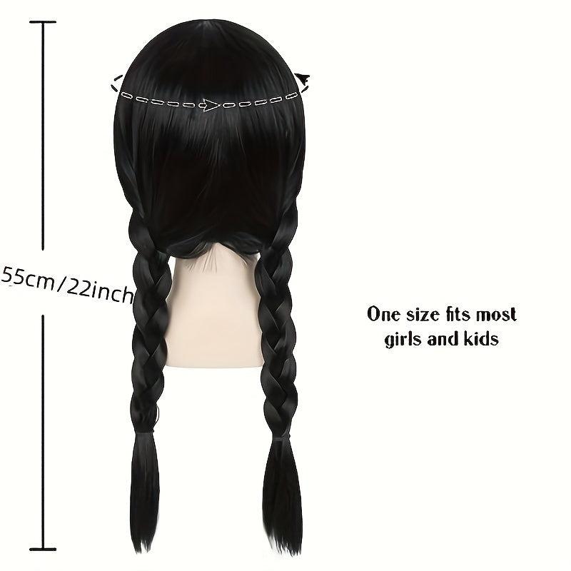 88cm Long Straight Braided Wig with Bangs Halloween Party Wednesday Wig