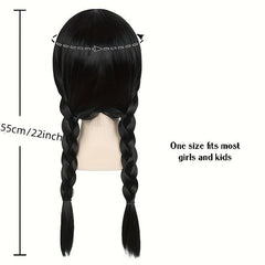 88cm Long Straight Braided Wig with Bangs Halloween Party Wednesday Wig
