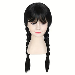 88cm Long Straight Braided Wig with Bangs Halloween Party Wednesday Wig