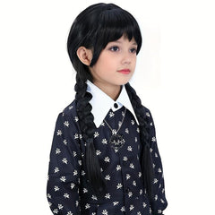 88cm Long Straight Braided Wig with Bangs Halloween Party Wednesday Wig