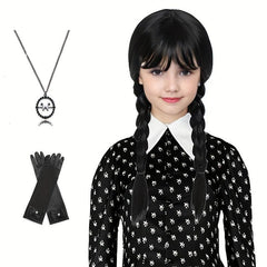 88cm Long Straight Braided Wig with Bangs Halloween Party Wednesday Wig