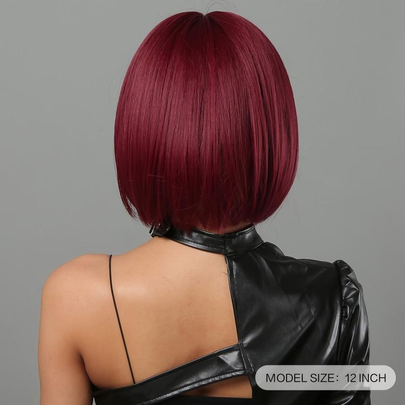 Short Bob Wine Red Synthetic Bangs Wigs For Women