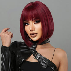 Short Bob Wine Red Synthetic Bangs Wigs For Women