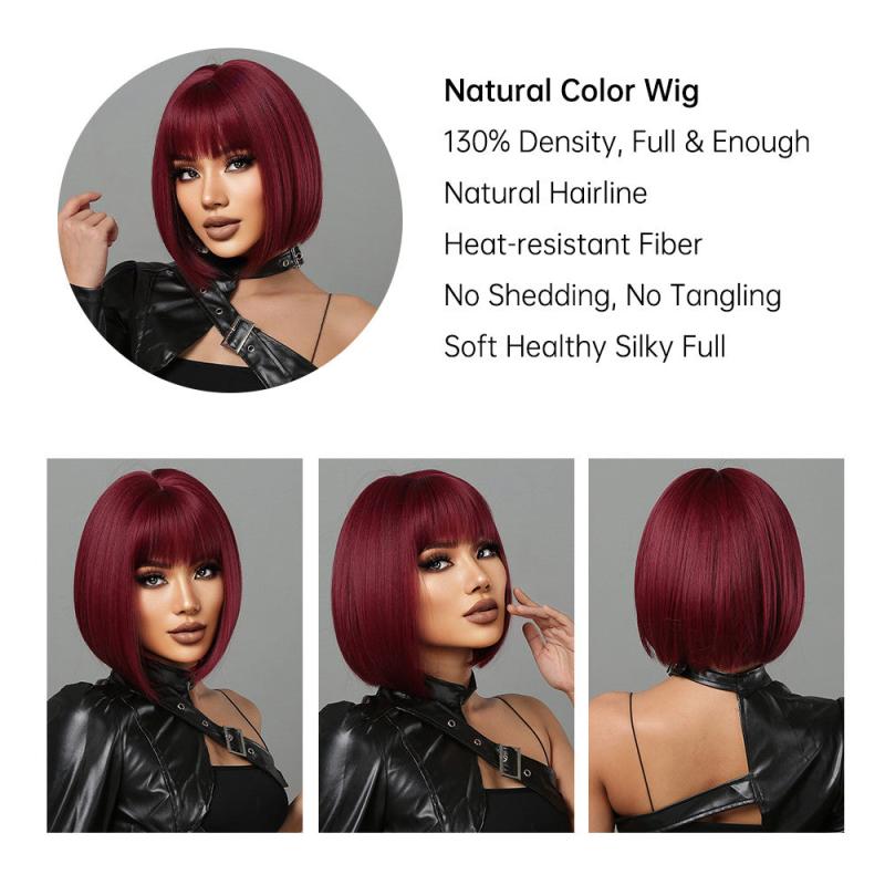 Short Bob Wine Red Synthetic Bangs Wigs For Women
