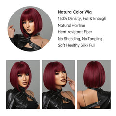 Short Bob Wine Red Synthetic Bangs Wigs For Women