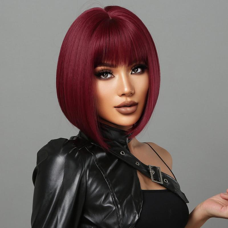 Short Bob Wine Red Synthetic Bangs Wigs For Women