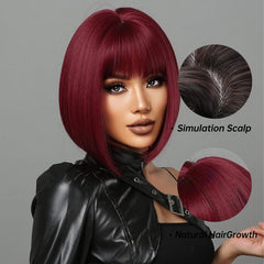 Short Bob Wine Red Synthetic Bangs Wigs For Women