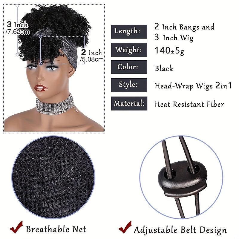 Curly Headband Wig With Bangs Afro Puff Head Wrap for Women