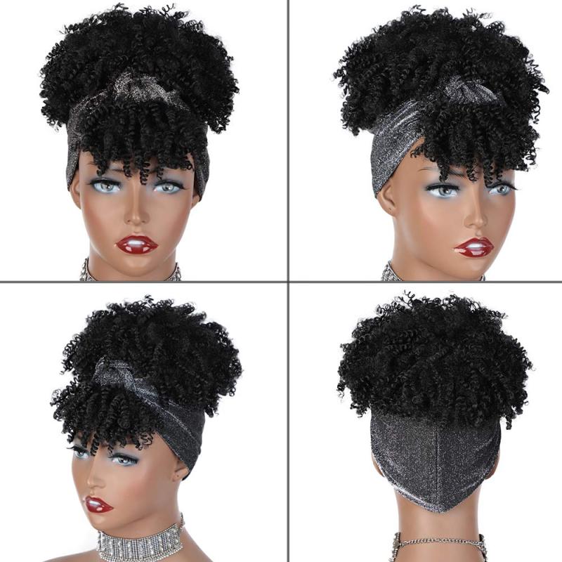 Curly Headband Wig With Bangs Afro Puff Head Wrap for Women