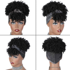 Curly Headband Wig With Bangs Afro Puff Head Wrap for Women