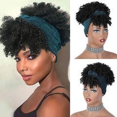Curly Headband Wig With Bangs Afro Puff Head Wrap for Women