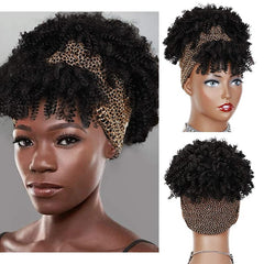 Curly Headband Wig With Bangs Afro Puff Head Wrap for Women