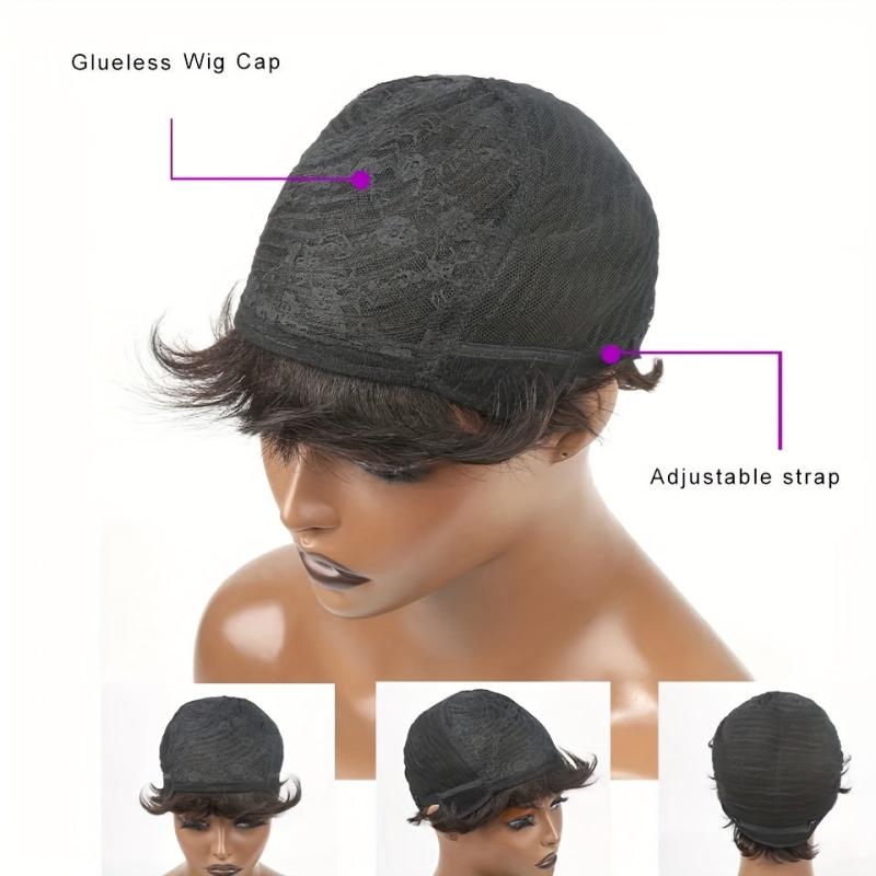 Pixie Cut Human Hair Wig 15 24 Cm Short Straight Machine Wig With Bangs