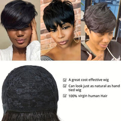 Pixie Cut Human Hair Wig 15 24 Cm Short Straight Machine Wig With Bangs